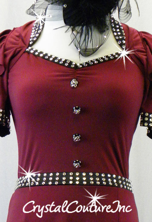 Burgundy Dress/Leotard with Ruffle Open Shoulder Sleeves - Swarovski Rhinestones