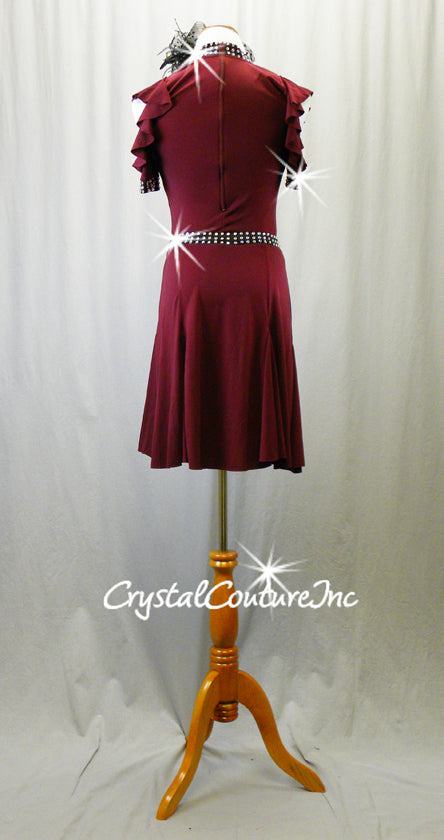 Burgundy Dress/Leotard with Ruffle Open Shoulder Sleeves - Swarovski Rhinestones