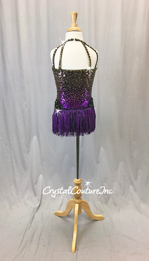 Black with Gold, Rainbow Color Sequin Bike-a-Tard with Fringe/Sheer Skirt - Swarovski Rhinestone - Size AXS