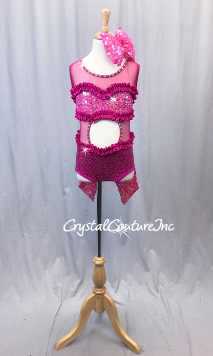 Fuchsia Sequin and Mesh Leotard with Ruffles and Back Bow - Rhinestones