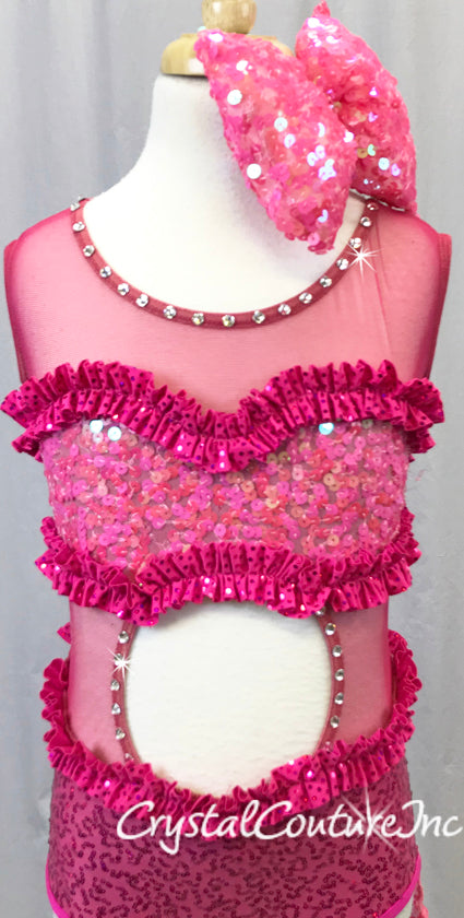 Fuchsia Sequin and Mesh Leotard with Ruffles and Back Bow - Rhinestones