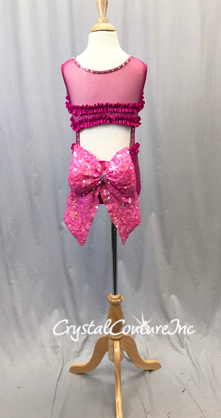 Fuchsia Sequin and Mesh Leotard with Ruffles and Back Bow - Rhinestones