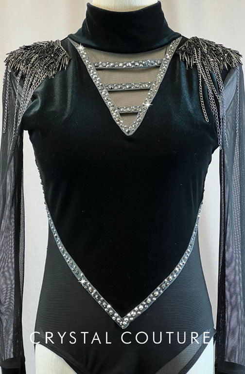 Custom Black Velour Long Sleeve Mesh Leotard - Rhinestones