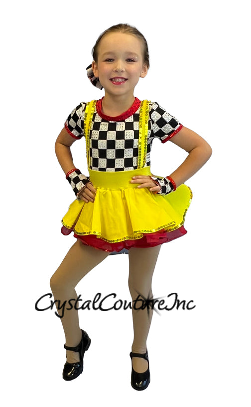 Black and White Checkered Short Sleeve Top with attached Yellow Skirt Jumper
