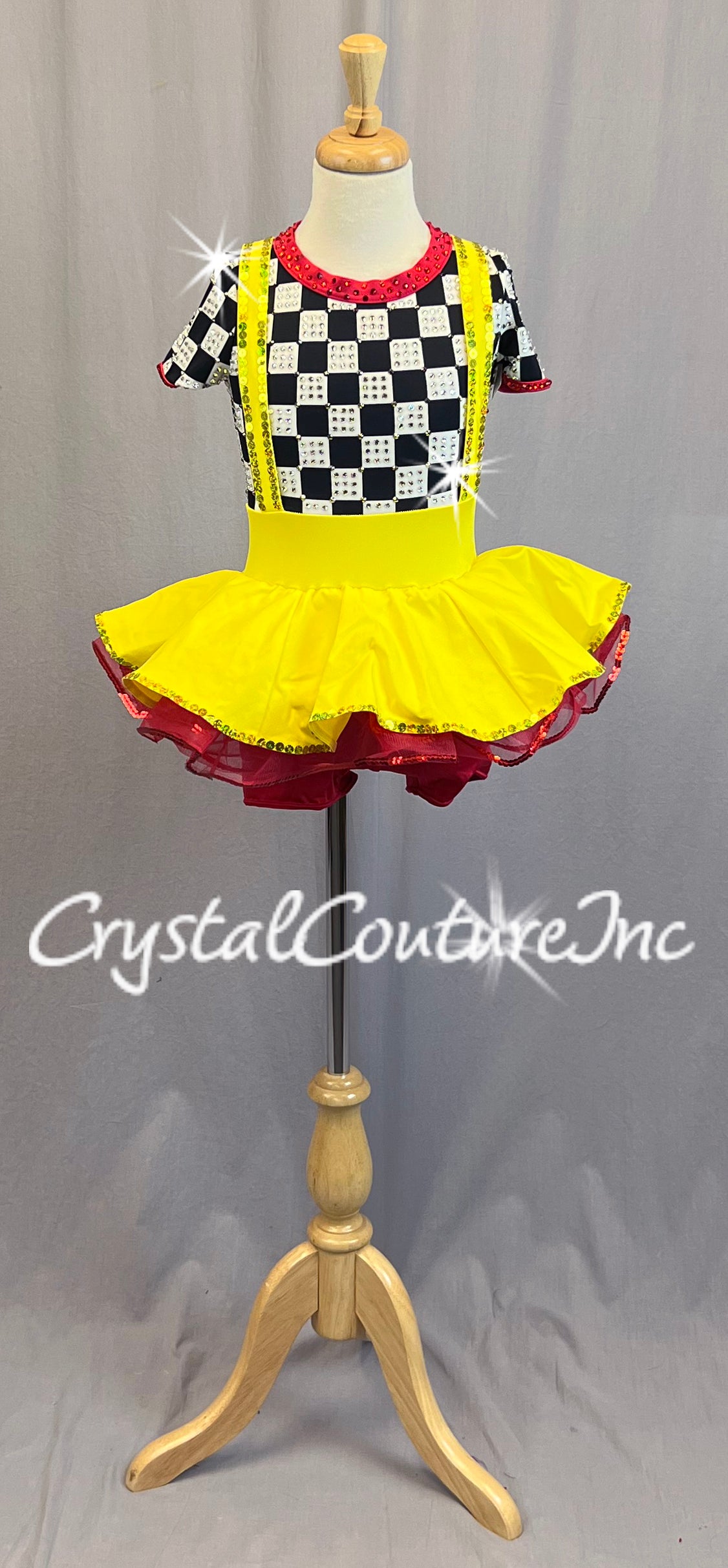 Black and White Checkered Short Sleeve Top with attached Yellow Skirt Jumper