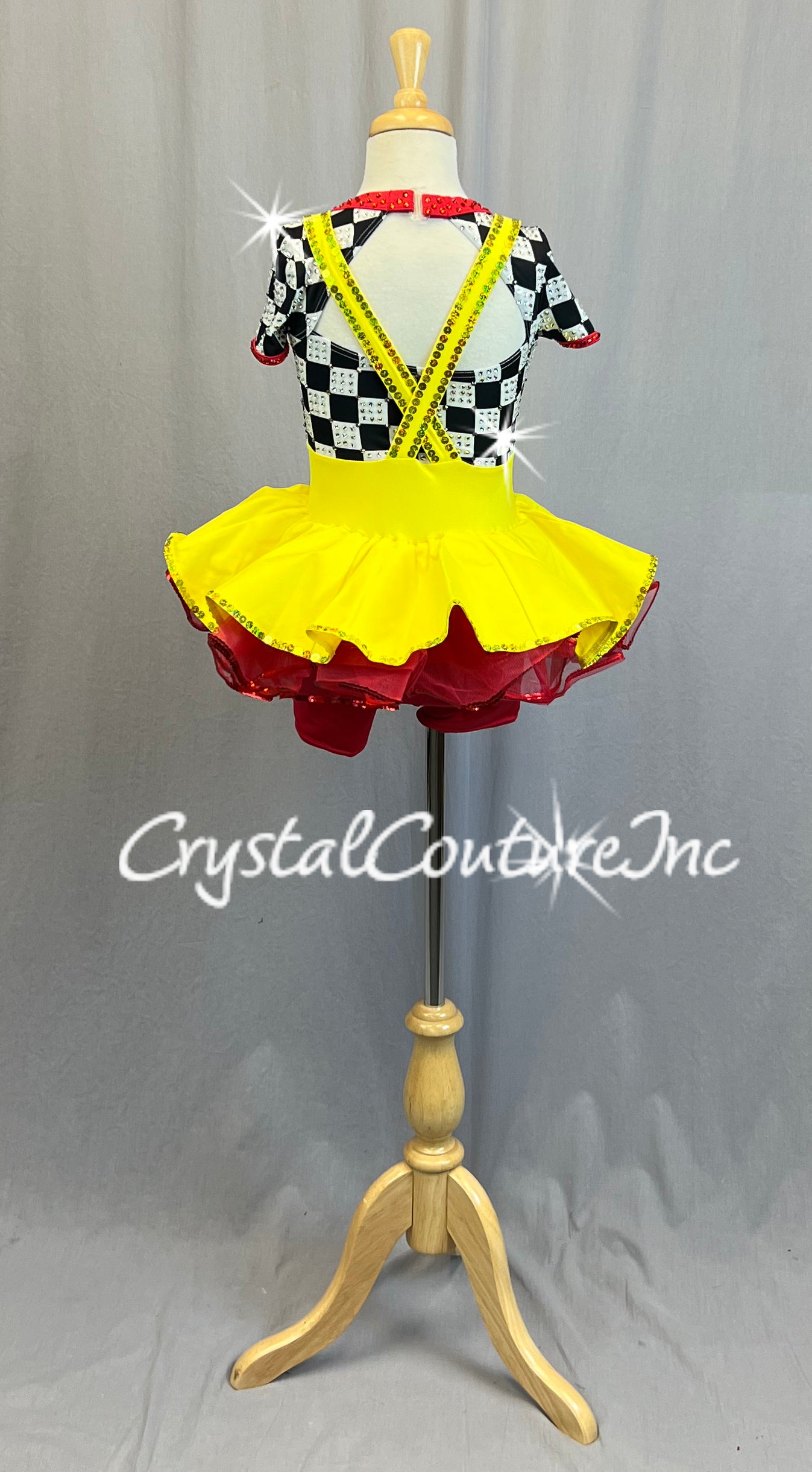 Black and White Checkered Short Sleeve Top with attached Yellow Skirt Jumper