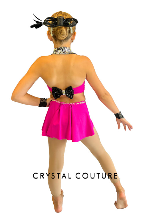 Bright Pink and Black Connected Two PIece with Back Skirt and Lapels - Rhinestones