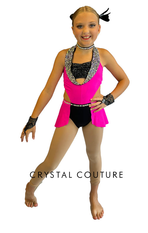 Bright Pink and Black Connected Two PIece with Back Skirt and Lapels - Rhinestones