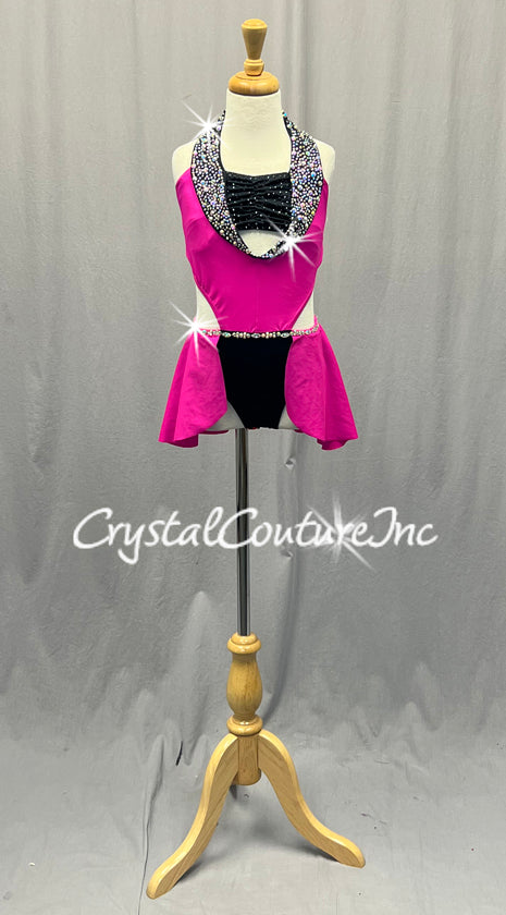 Bright Pink and Black Connected Two PIece with Back Skirt and Lapels - Rhinestones