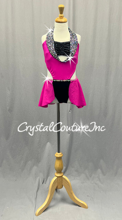 Bright Pink and Black Connected Two PIece with Back Skirt and Lapels - Rhinestones