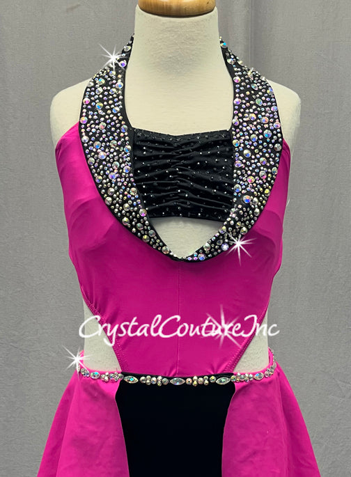 Bright Pink and Black Connected Two PIece with Back Skirt and Lapels - Rhinestones