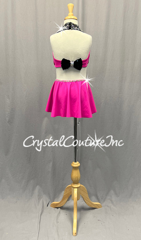 Bright Pink and Black Connected Two PIece with Back Skirt and Lapels - Rhinestones