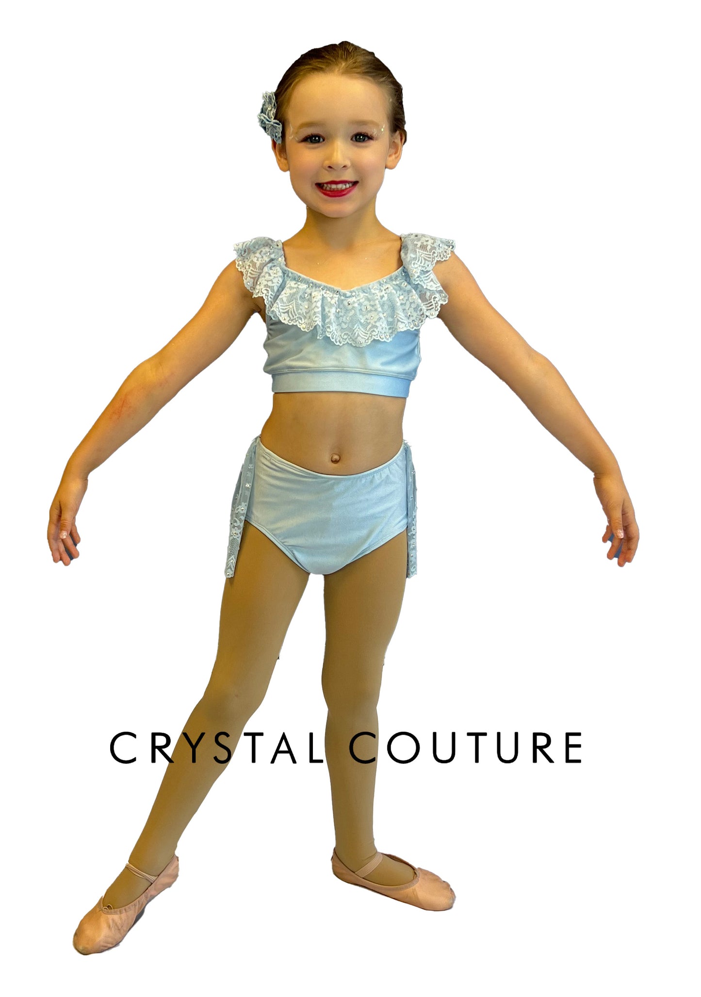 Baby Blue Two Piece with Lace Half Skirt and Rhinestones