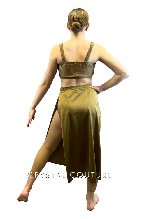 Golden Brown Two Piece with Side Slit Skirt and Rhinestones