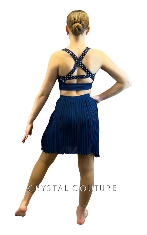 Navy Blue Top with Micro Pleated Skirt - Rhinestones