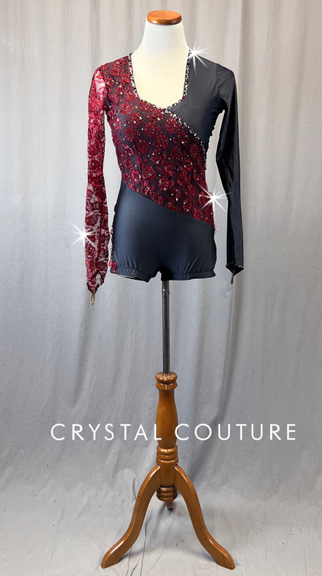 Custom Dark Grey Long Sleeve Biketard with Burgundy Lace - Rhinestones