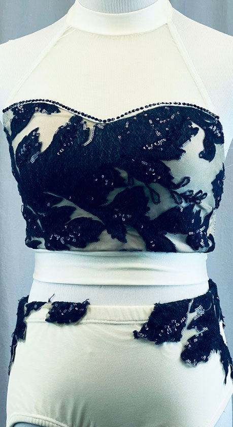 Ivory & Navy Sequined Halter Two Piece - Rhinestones