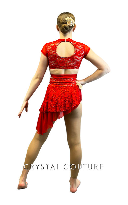 Red Lace Two Piece with Side Skirt - Rhinestones