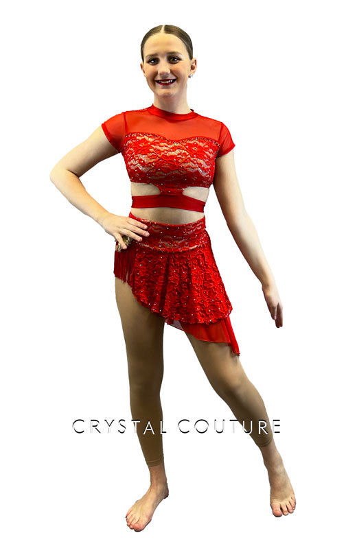 Red Lace Two Piece with Side Skirt - Rhinestones