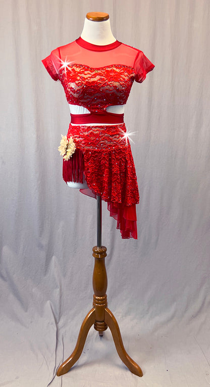 Red Lace Two Piece with Side Skirt - Rhinestones