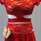 Red Lace Two Piece with Side Skirt - Rhinestones