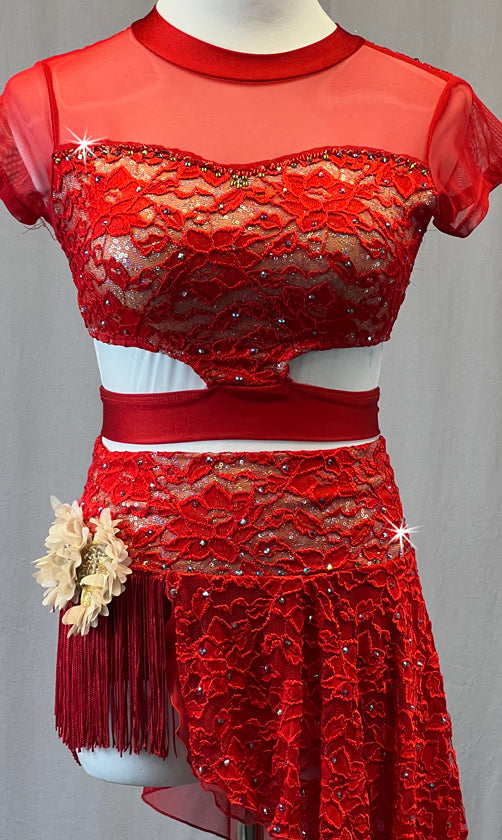 Red Lace Two Piece with Side Skirt - Rhinestones