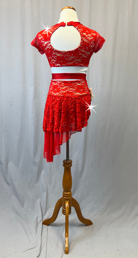 Red Lace Two Piece with Side Skirt - Rhinestones