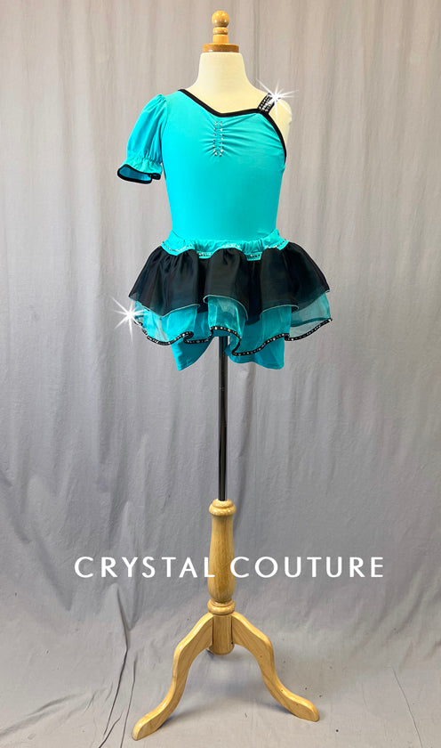 Teal Blue Asymmetrical Puff Sleeve Leotard with Layered Tulle Skirt - Rhinestones