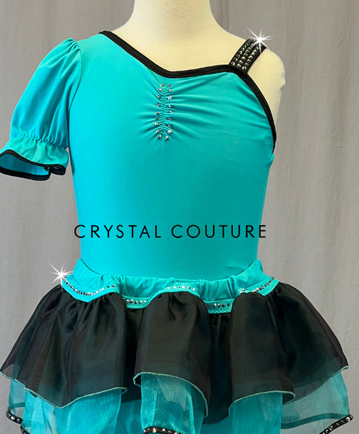 Teal Blue Asymmetrical Puff Sleeve Leotard with Layered Tulle Skirt - Rhinestones