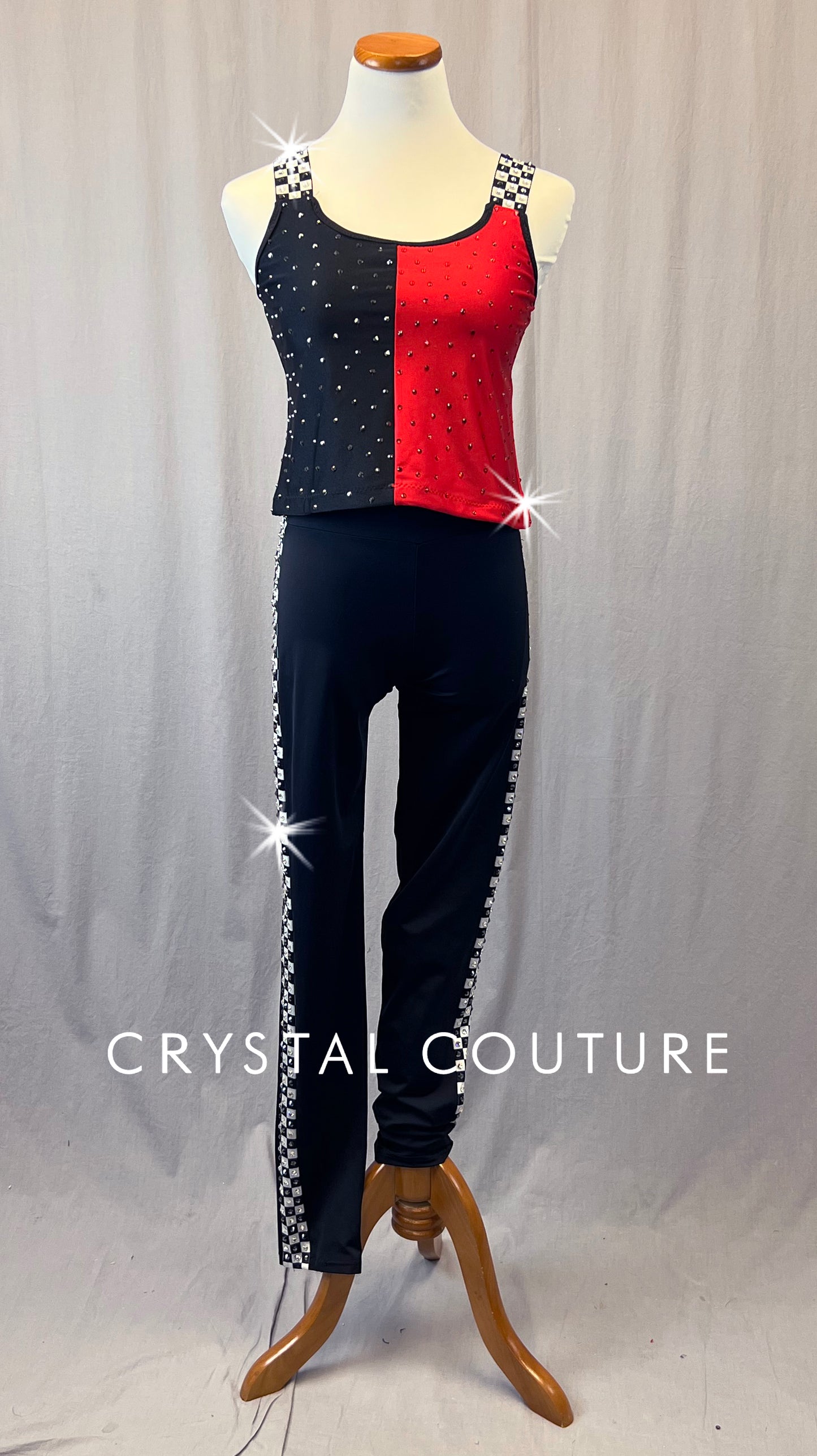 Black and Red Split Color Tank with Leggings and Checkered Trim - Rhinestones - Size AM