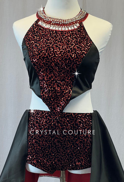 Black and Red Sequined Two Piece with Two Tone Half Skirt - Rhinestones