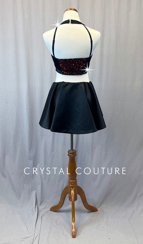 Black and Red Sequined Two Piece with Two Tone Half Skirt - Rhinestones