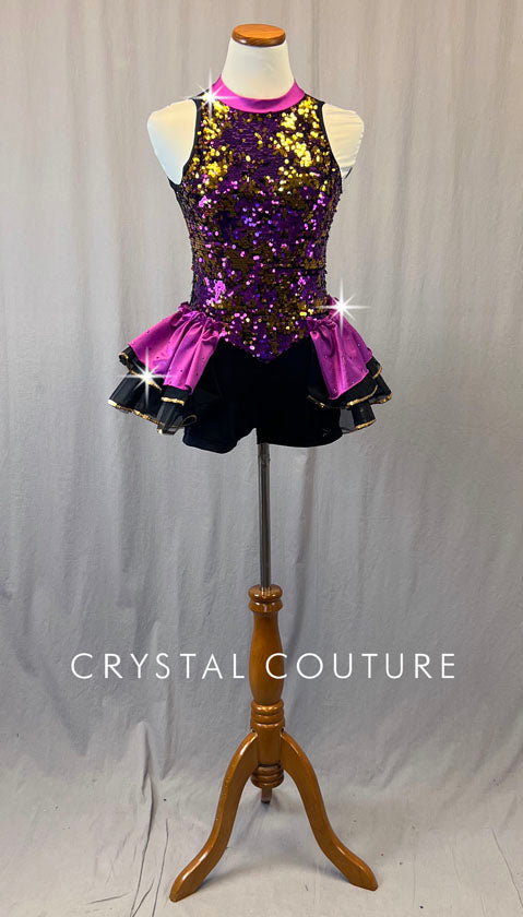 Purple and Gold Sequined Unitard with Half Skirt - Rhinestones