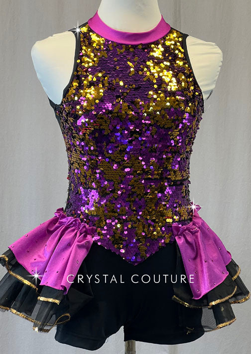 Purple and Gold Sequined Unitard with Half Skirt - Rhinestones