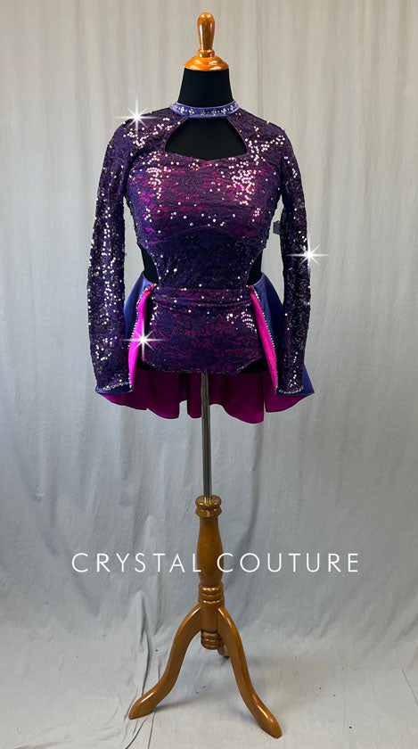 Purple Lace Leotard with Long Sleeves and Half Skirt - Rhinestones