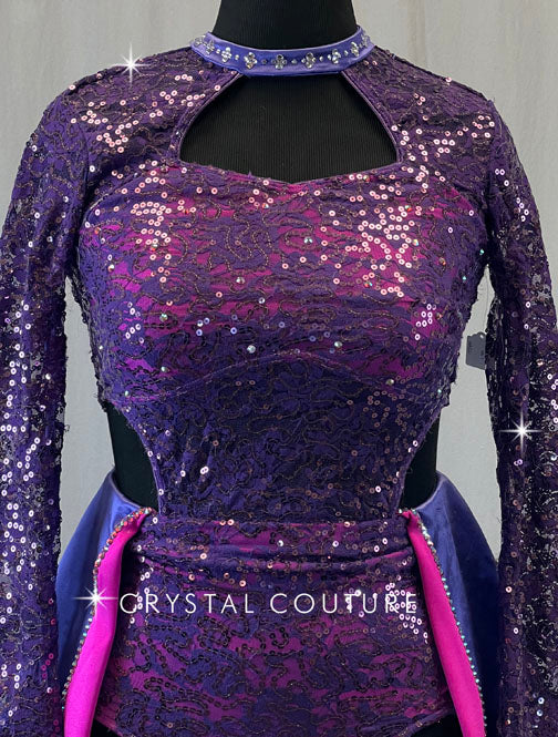 Purple Lace Leotard with Long Sleeves and Half Skirt - Rhinestones