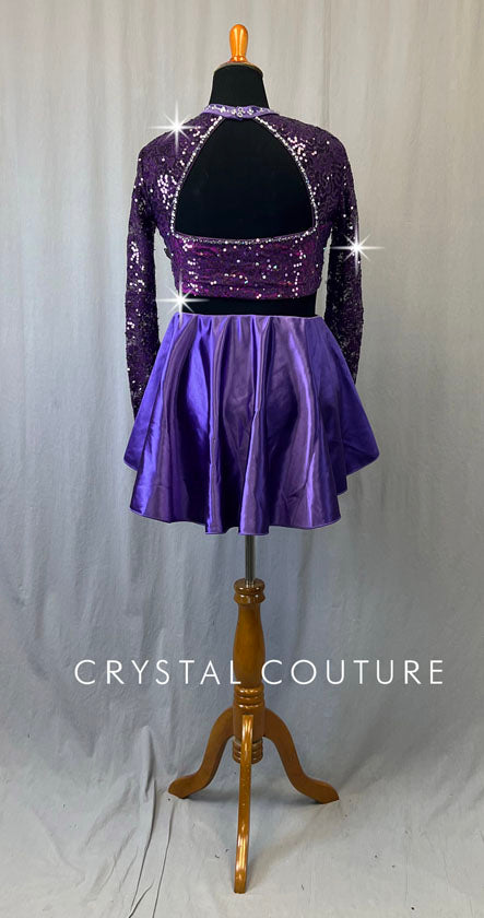 Purple Lace Leotard with Long Sleeves and Half Skirt - Rhinestones