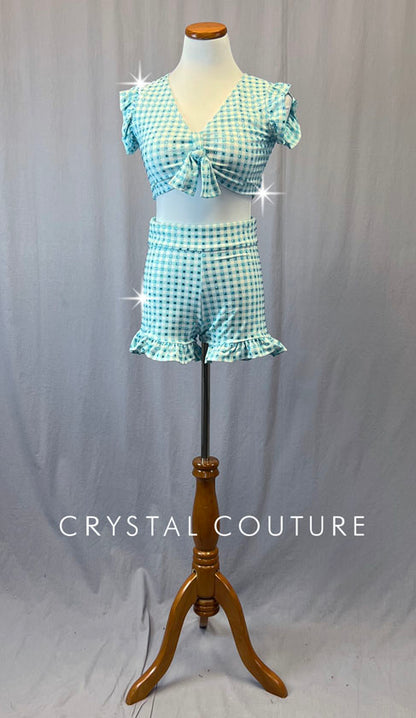 Custom Sky Blue and White Checkered Tie Front Top with Ruffle Shorts and Rhinestones