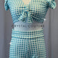 Custom Sky Blue and White Checkered Tie Front Top with Ruffle Shorts and Rhinestones