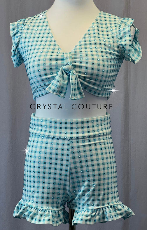 Custom Sky Blue and White Checkered Tie Front Top with Ruffle Shorts and Rhinestones