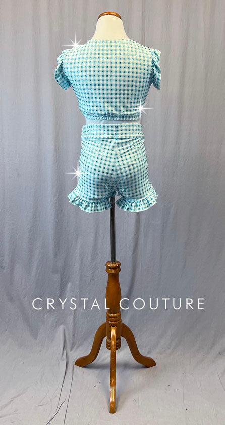 Custom Sky Blue and White Checkered Tie Front Top with Ruffle Shorts and Rhinestones