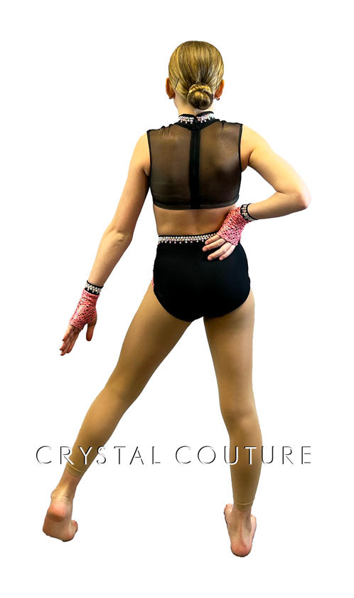 Coral and Black Netted Two Piece with Mesh Back - Rhinestones