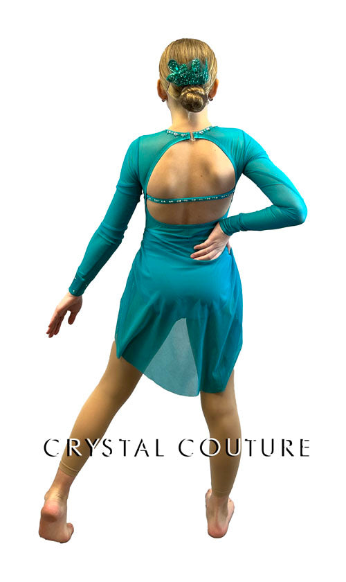 Custom Turquoise Long Sleeve Leotard with Back Skirt and Appliques - Rhinestones
