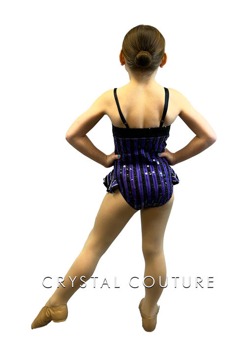 Purple and Black Striped Sequined Leotard with Hip Line Ruffles - Rhinestones