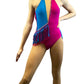 Custom Pink and Blue Open Back Leotard with Asymmetrical Fring Skirt - Rhinestones