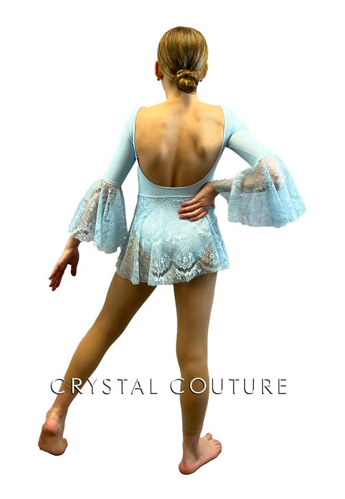 Custom Baby Blue Open Back Leotard with Lace Skirt and Flare Sleeves