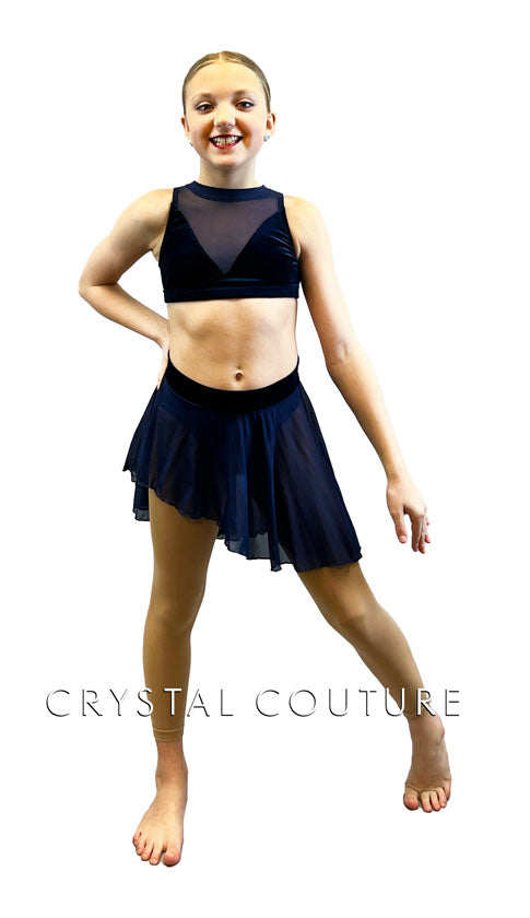 Navy Blue Velour and Mesh Two Piece with Asymmetrical Skirt