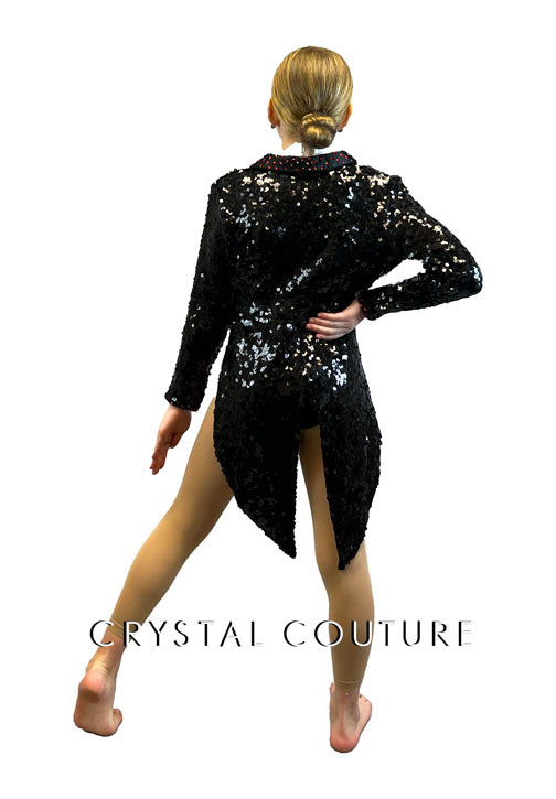 Black Sequin Tux Coat with White Ruffle Front Leotard and Red Bowtie - Rhinestones