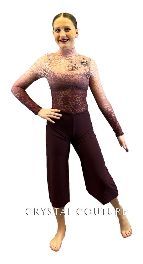 Pink and Burgundy Ombre Lace Jumpsuit with Wide Leg Pants - Rhinestones