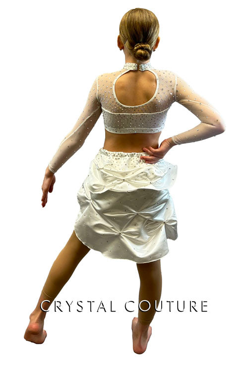 White Two Piece with Long Mesh Sleeves and Gathered Back Skirt - Rhinestones